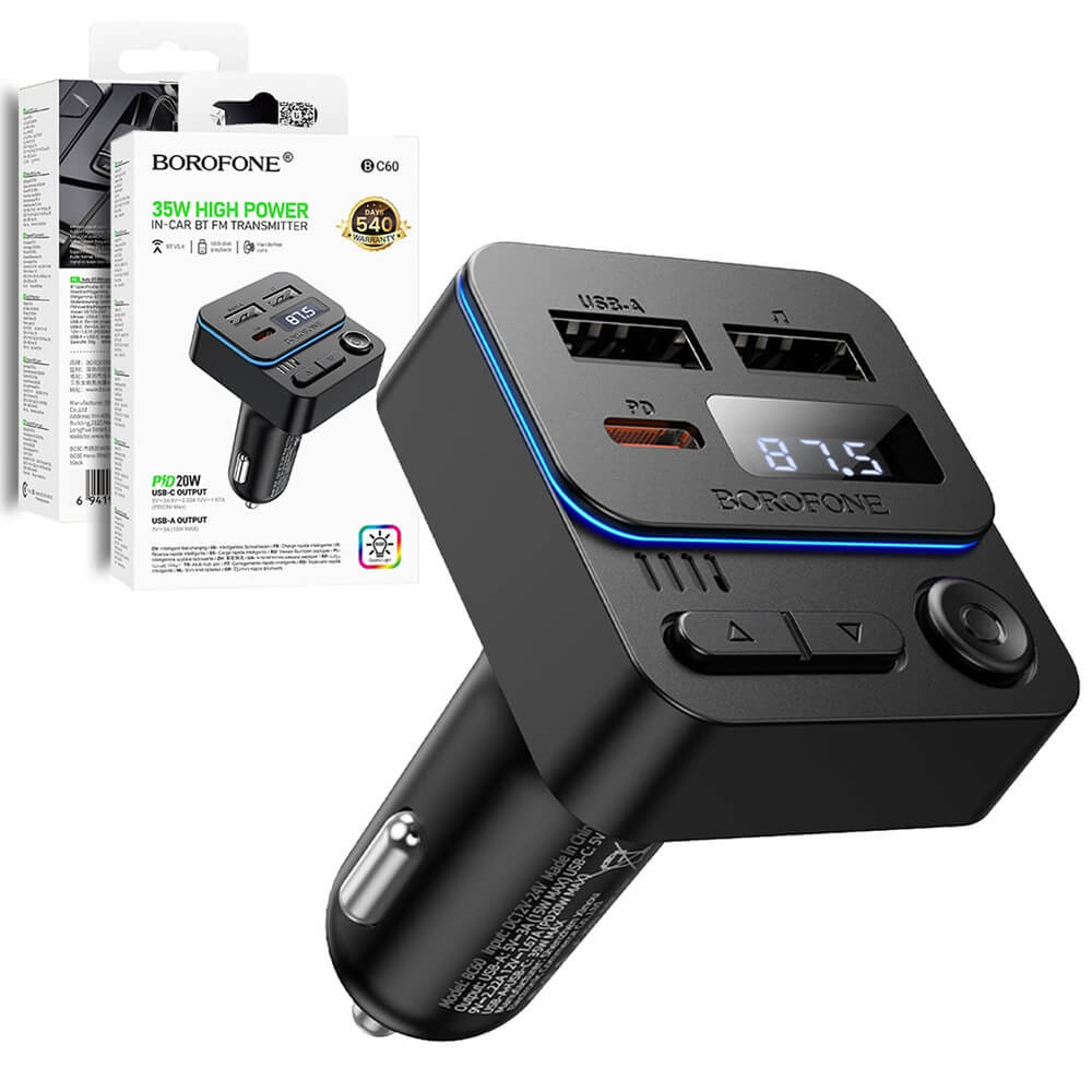 Borofone BC60 BT 5.4 Hero 35W PD20W USB Type C Fast Car Charger (1A1C) Car Player Wireless Bluetooth FM transmitter Borofone BC60 BT 5.4 Hero 35W PD20W USB Type C Fast Car Charger (1A1C) Car Player Wireless Bluetooth FM transmitter